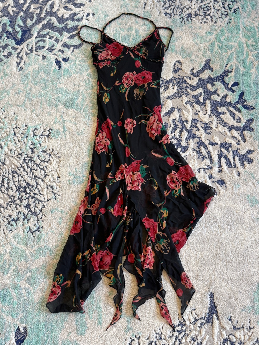 vintage Sue Wong rose floral silk cocktail dress asymmetrical hem fairy Y2K sz 6
